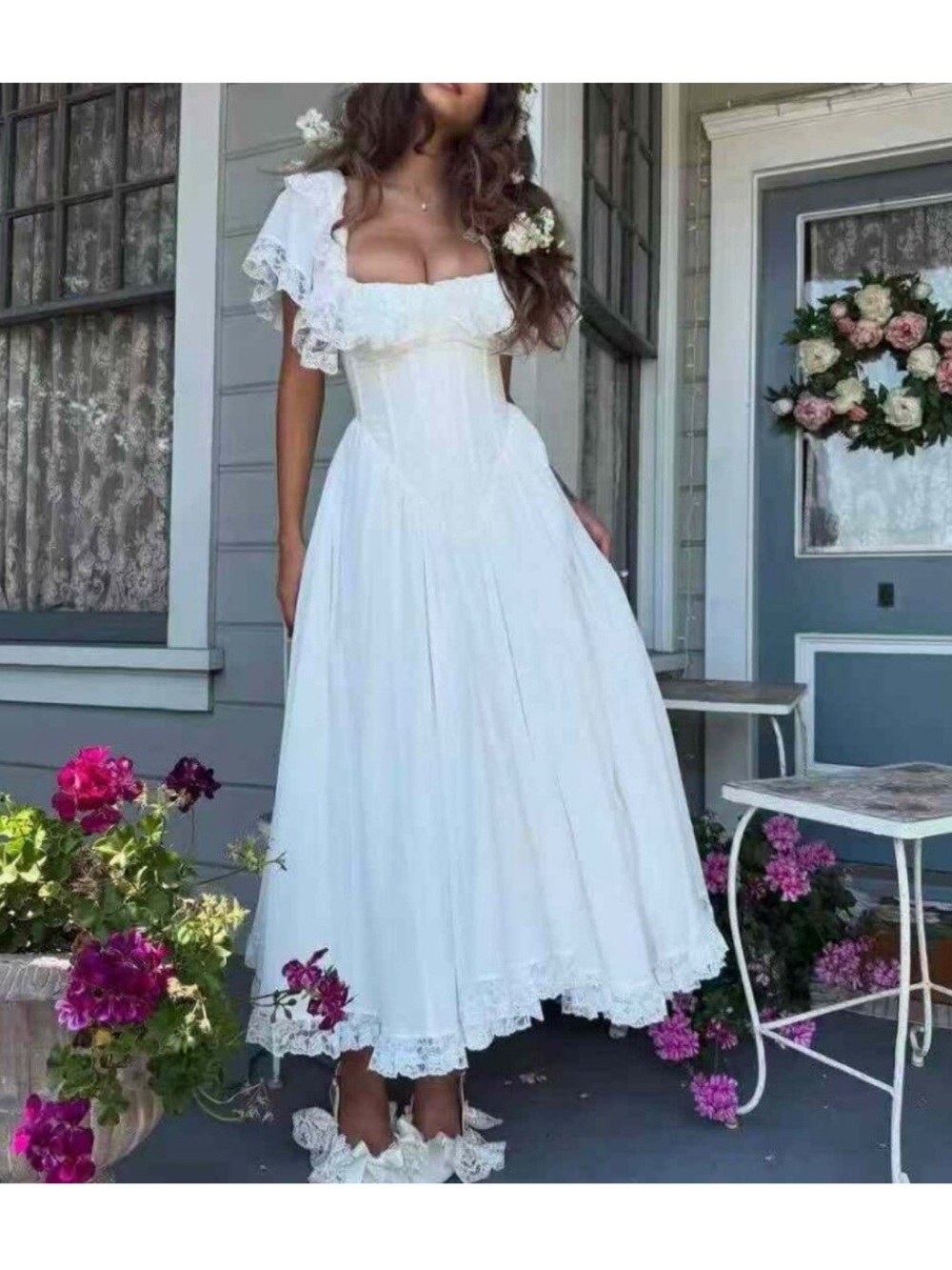 Selkie White Lace Tea-Length Bridal Dress